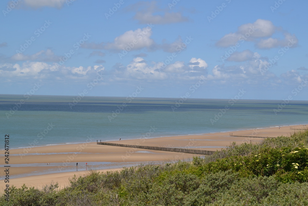 Blick von den Dünen auf die Nordsee und den Strand.