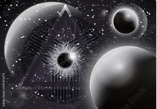 The symbol of the all-seeing eye of God. Modern creative design on the background of the planets. Vector illustration