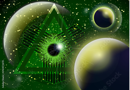 The symbol of the all-seeing eye of God. Modern creative design on the background of the planets. Vector illustration