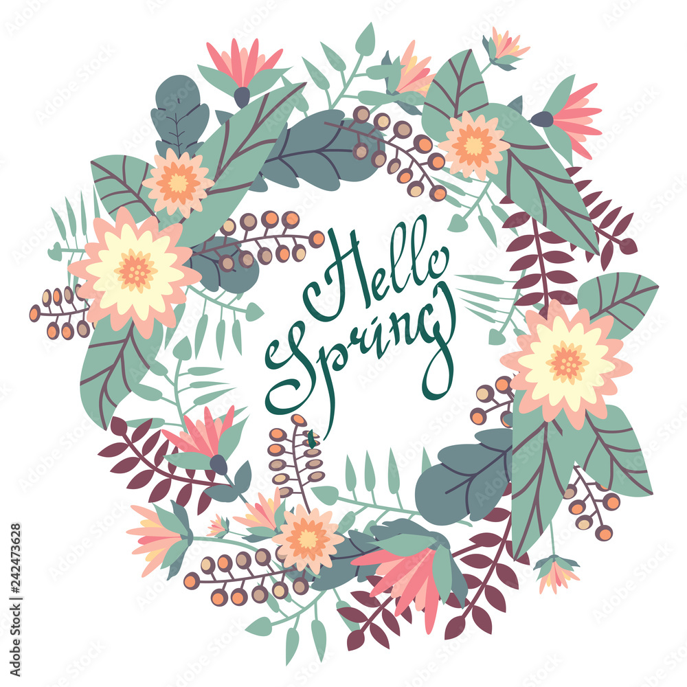 Greeting card with floral wreath and Hello Spring brash pen lettering.
