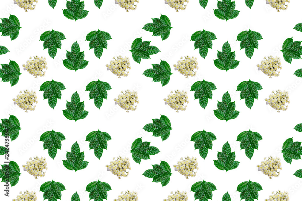 seamless green leaves and flowers pattern on white isolated background Top view flat lay ornament seamless green leaves and flowers pattern on white isolated background Top view flat lay ornament