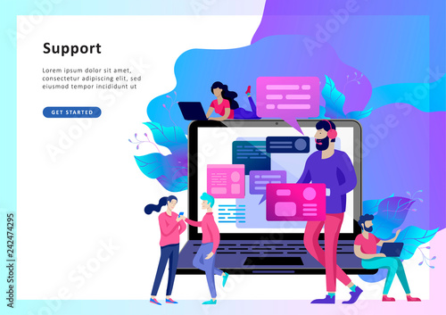 Concept Landing page template customer service, male hotline operator advises client, online global technical support, customer and operator