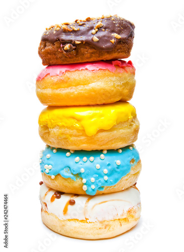 A pile of delicious donuts on the white background