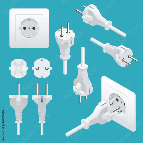 Set od Plugs and Sockets Type F. Used in Germany, Austria, the Netherlands and Spain among others. View front and isometric. Vector illustration