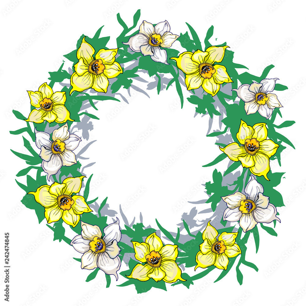Spring floral round frame with hand drawn flowers daffodils
