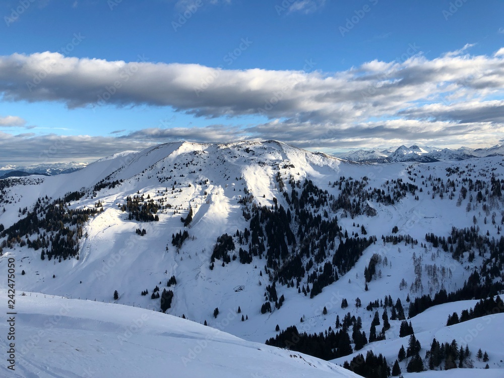 winter landscape snowy mountains cloudy sky panorama