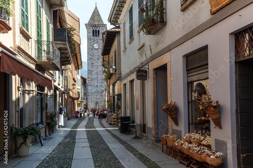 Street in the old town of Cannobio, in the back the steeple of the Catholic Church, Lago Maggiore, Verbano-Cusio-Ossola Province, Piedmont Region, Italy, Europe