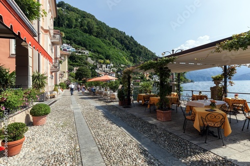 Waterfront with restaurants, Cannero Riviera, Lago Maggiore, Piedmont, Italy photo