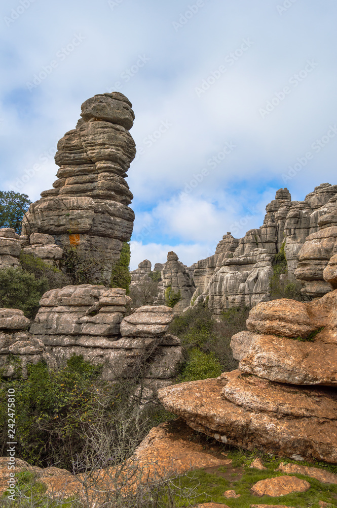 El Torcal de Antequera in Malaga, Spain. Beautiful views of the karstic landscape with details of the rock formations generated by erosion.