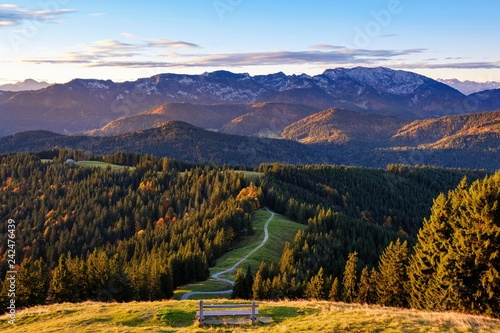 Brauneck and Benediktenwand, view from the Zwiesel near Wackersberg, Isarwinkel, Upper Bavaria, Bavaria, Germany, Europe photo