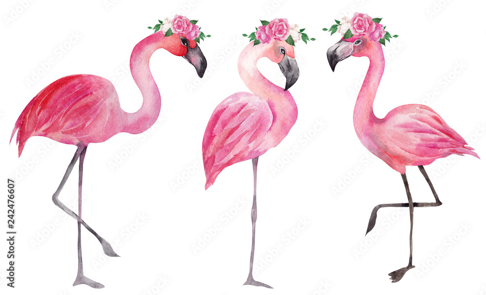 Fototapeta premium Watercolor illustration with pink flamingo and flowers