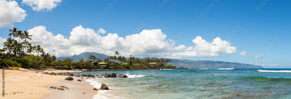 Beach and ocean. Sunny weather. Some white clouds in the blue sky. Empty space on the right side of the frame. Stones, palm trees, summer, journey. Sand, good mood. Panorama 6