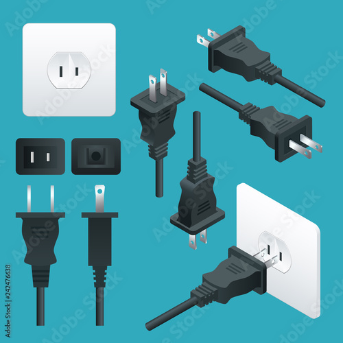Set od Plugs and Sockets Type A. Used in North and Central America, Japan, Bahamas, BritishVirgin Islands, China, Colombia, among others. View front and isometric. Vector illustration