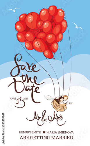 Wedding invitation. Bride and groom are leaving on a journey in a balloon.	