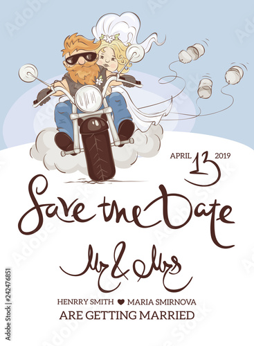 Wedding invitation. Vector illustration, postcard -- just married on a motorcycle