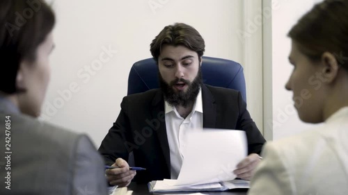 Angry boss scolding, criticizing stressed women for incompetence, women discrimination and sexism concept. Sad, frustrated employee receive unfair reprimands, suffer from bad attitude of executive.
