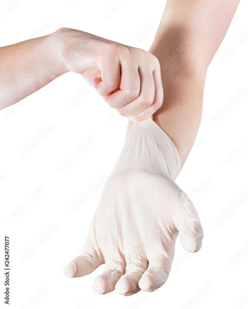female hand wears latex glove on another hand female hand wears latex glove on another hand