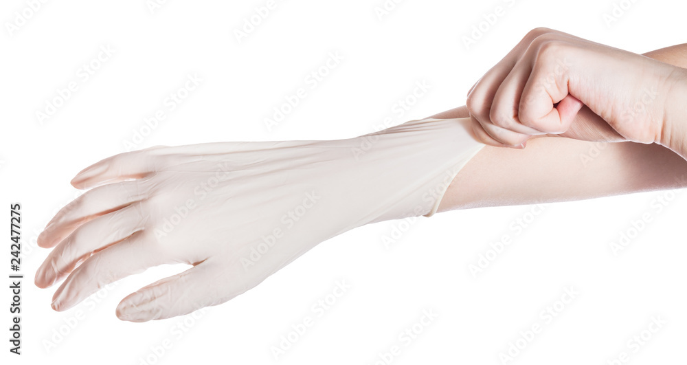 above view of hand wears latex glove on hand above view of hand wears latex glove on hand