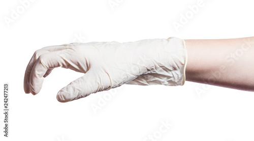side view of relaxed hand in latex glove isolated