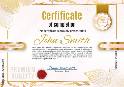 Official white certificate with pink gold marble design elements. Modern design for business, stores. Gold floral emblem