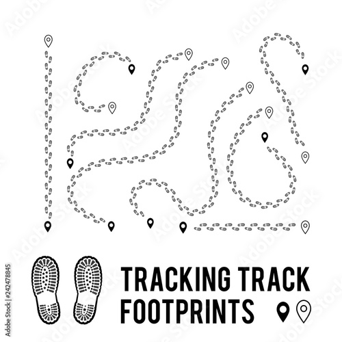 Tracking of human footprints to track walk paths. Silhouette from shoes. Vector illustration