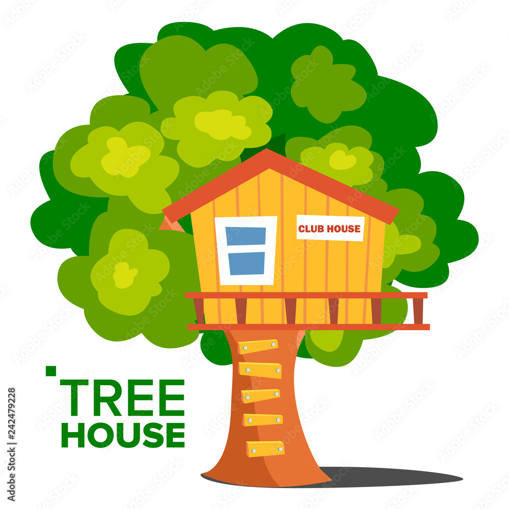 Tree House Vector. Children Playground. House On Tree. Wooden Cabin For