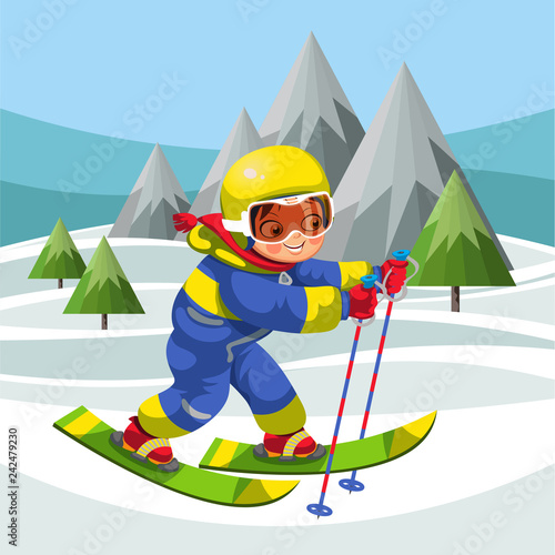 Cartoon little boy skiing on snowy hills