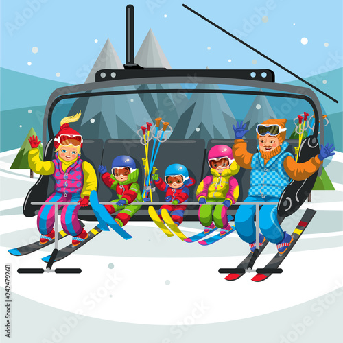 Happy cartoon family riding in ski lift