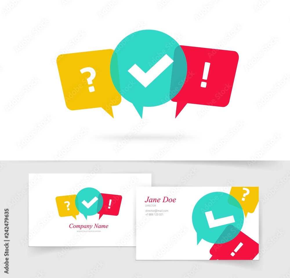 Quiz vector logo and quest game business card, questionnaire icon, poll sign, flat bubble speech symbols, social communication, chatting, interview, voting, discussion, talk, team dialog, group chat - obrazy, fototapety, plakaty 