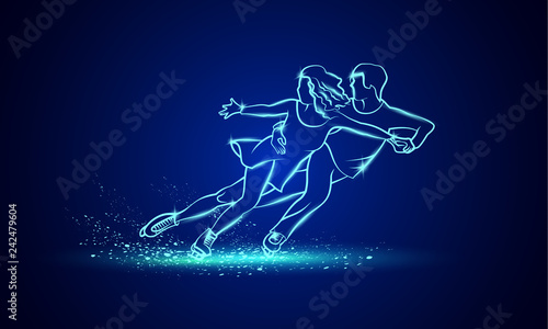 Pair figure skating sport. Blue linear neon pair figure skating on a black background.