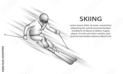 Professional skiing vector neon illustration. Ski sport banner with transparent skier silhouette on white background.