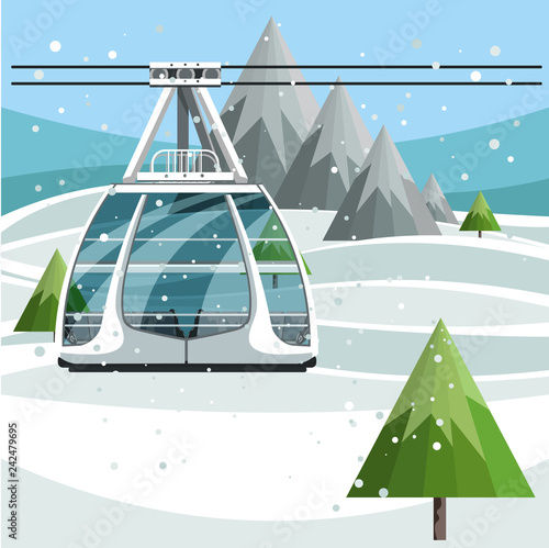 Cableway with empty ski lift cable on mountains background