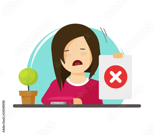 Unhappy girl showing negative answer vector illustration, flat cartoon woman person character with negative emotions saying no, bad choice or voting, stop or denial sign