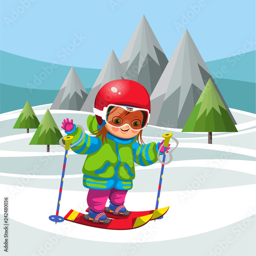 Cartoon little boy skiing on snowy hills