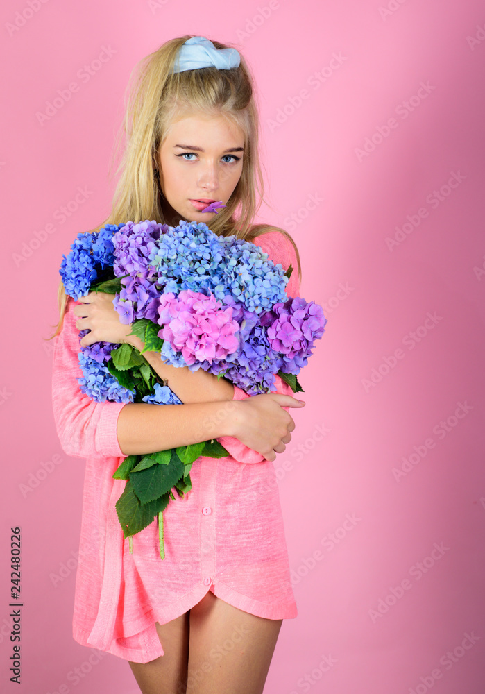 Spring woman with hydrangea flowers. girl with summer makeup. Summer beauty. Fashion portrait of woman. Healthy hair and skin. Makeup cosmetics and skincare. Great pleasure Spring woman with hydrangea flowers. girl with summer makeup. Summer beauty. Fashion portrait of woman. Healthy hair and skin. Makeup cosmetics and skincare. Great pleasure