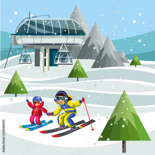 Cartoon skiers on ski lift station on the top of the mountain
