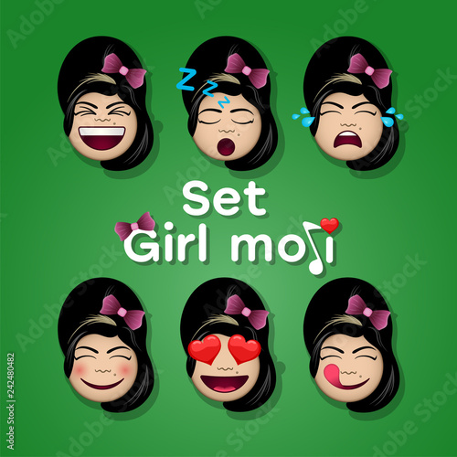 Set of girl emoticon. Set emoticon on green background. photo