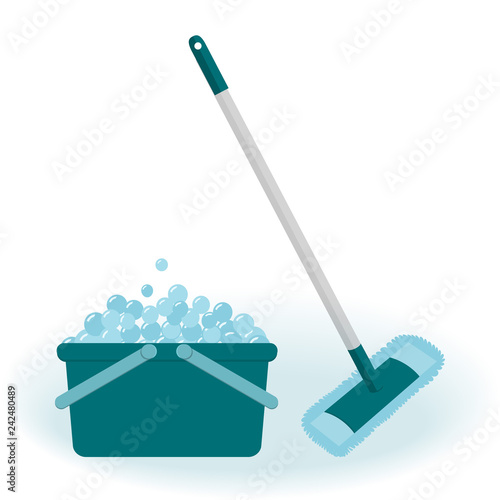 Tools for housekeeping: a cute green bucket with soapy foam, MOP with grey handle and blue cloth. Vector illustration