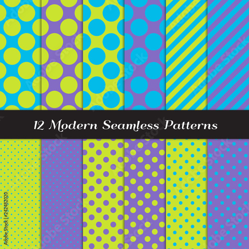 Blue, Purple and Lime Green Mixed Polka Dots and Diagonal Stripes Seamless Vector Patterns. Perfect for Kids Monster Theme Party Decor. Repeating Pattern Tile Swatches Included.
