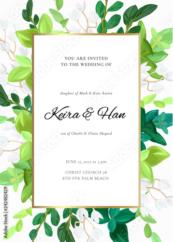 Floral wedding invitation or save the date card with green leaves, succulents, eucalyptus and white may flowers. Vector illustration.