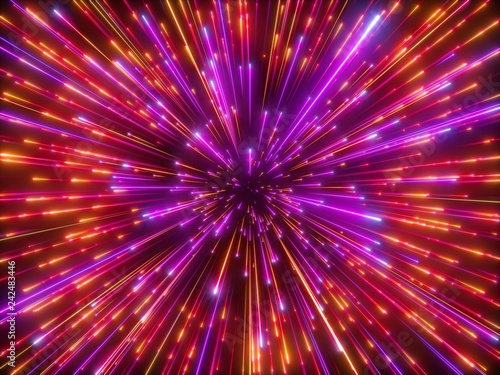 3d render, red sparkling fireworks, big bang, galaxy, abstract cosmic background, falling stars, celestial cosmos, beauty of universe, speed of light, neon infrared light, outer space, glow