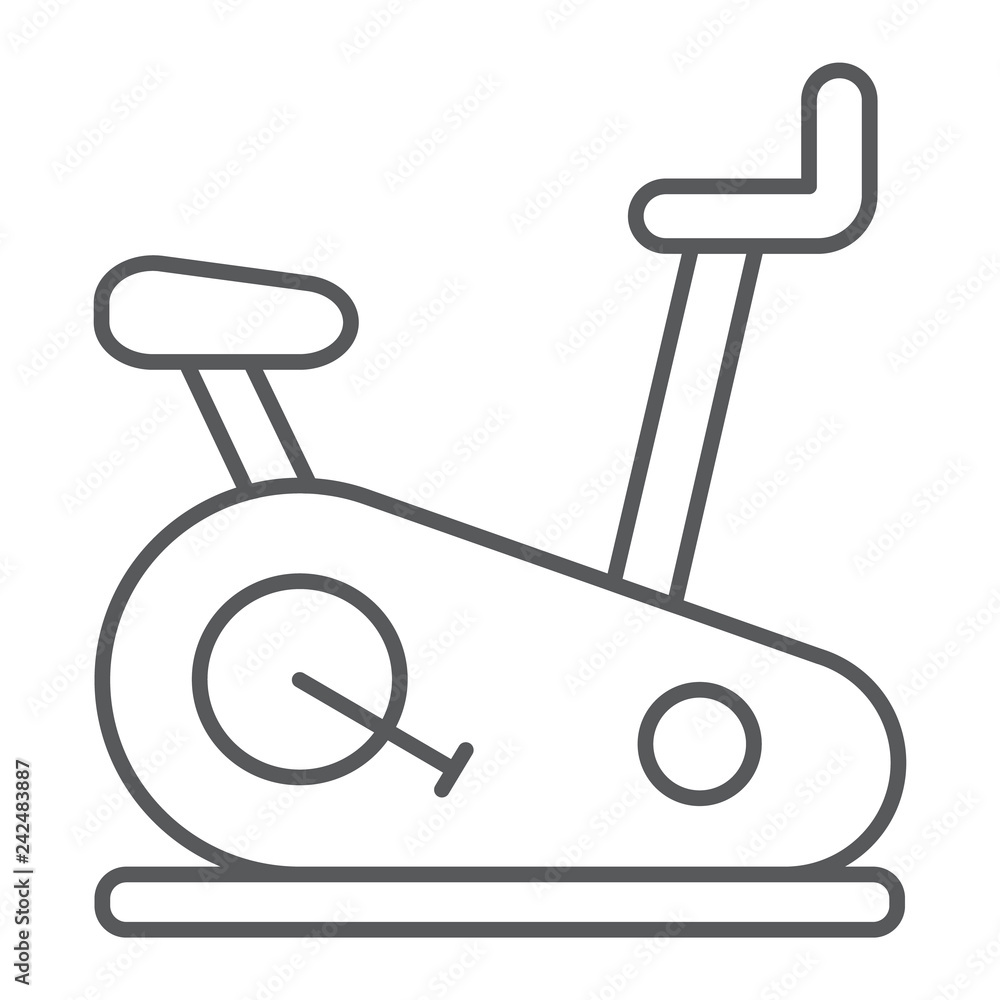 Stationary bike thin line icon, sport and equipment, exercise bicycle sign, vector graphics, a linear pattern on a white background. Stationary bike thin line icon, sport and equipment, exercise bicycle sign, vector graphics, a linear pattern on a white background.