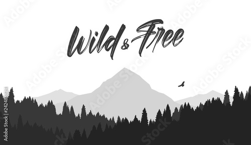 Black mountains flat landscape background with silhouette of Hawk and hand lettering of Wild and Free.