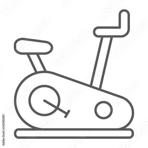 Stationary bike thin line icon, sport and equipment, exercise bicycle sign, vector graphics, a linear pattern on a white background.