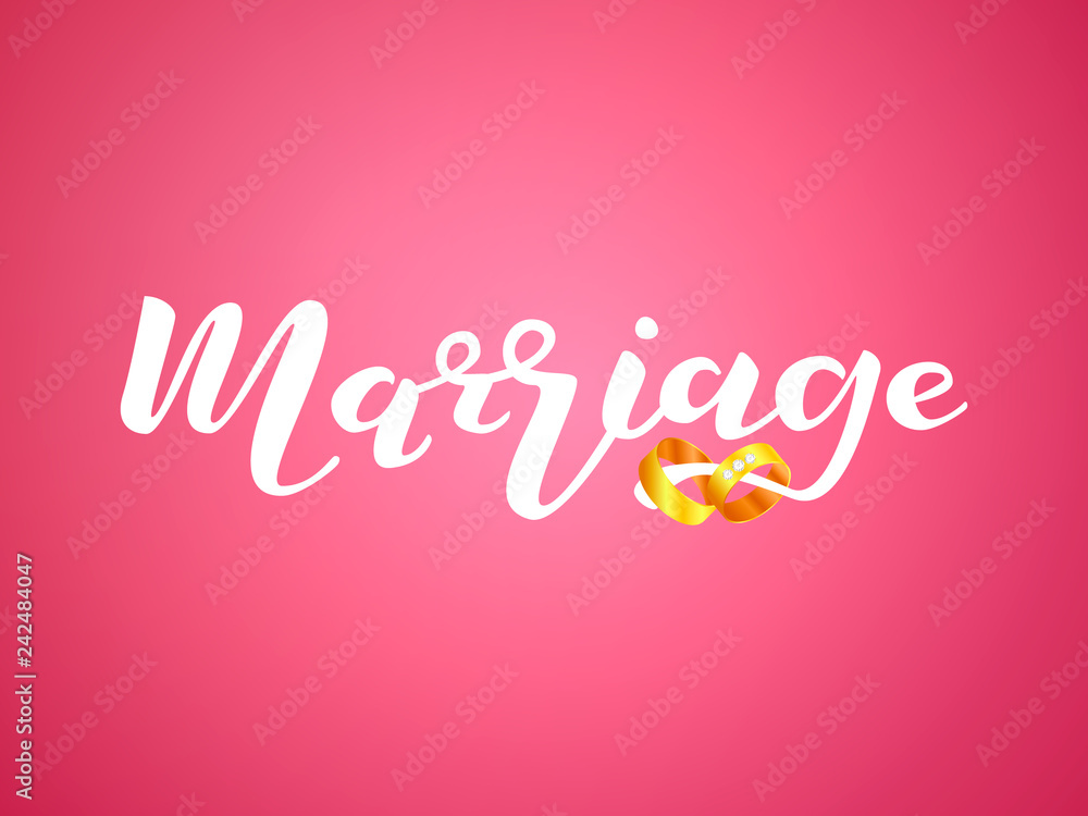 Marriage lettering with two golden rings. Vector illustration