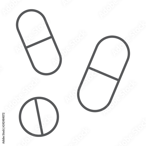 Drugs thin line icon, pharmacy and medicine, pills sign, vector graphics, a linear pattern on a white background.