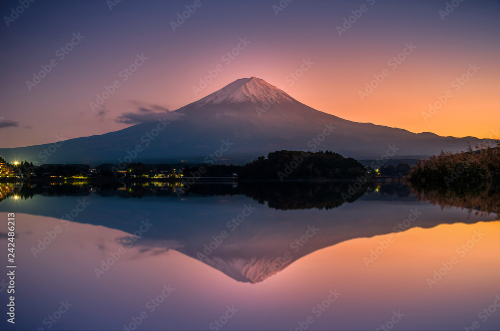 Mt. Fuji over Lake Kawaguchiko at sunset in Fujikawaguchiko, Japan.