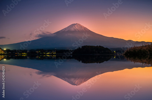 Mt. Fuji over Lake Kawaguchiko at sunset in Fujikawaguchiko, Japan. © nuttawutnuy