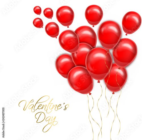 Valentine day golden text with red balloons Vector realistic. Romantic party invitattion card. detailed 3d balloons