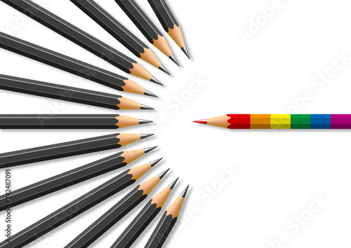 Concept de l’homophobie avec pour symbole un crayon aux couleurs des homosexuels face à des crayons noir en opposition.